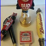 4 VINTAGE Budweiser, BUD MAN, Bud Car, BEER TAP HANDLES, & Tap Display Holder