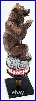 Budweiser Grizzly Bear Figural Beer Tap Handle with display stand