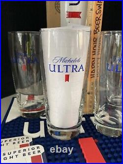New Michelob Ultra Tall Beer Tap Handle Bar Mat 4 Glasses & (8) Bar Coasters