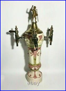 Rare Antique 19th c Majolica Ceramic Three Wood Handle Taps Beer Draft Tower