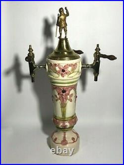 Rare Antique 19th c Majolica Ceramic Three Wood Handle Taps Beer Draft Tower