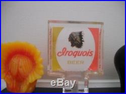 Set of iroquois, indian ball & beer tap handles with iroquois coaster & display